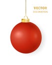 Hanging red Christmas ball. Mat gloss metal bauble, holiday decoration. Royalty Free Stock Photo
