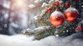 Hanging red Christmas balls on spruce and fir branches with snow covered surface. Royalty Free Stock Photo