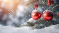 Hanging red Christmas balls on spruce and fir branches with snow covered surface. Royalty Free Stock Photo