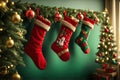 hanging red christmas stockings filled with gifts. ai generative Royalty Free Stock Photo