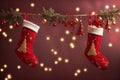 hanging red christmas stockings filled with gifts. ai generative Royalty Free Stock Photo