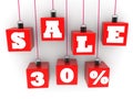 Hanging red cubes with concept sales 30 % on white background Royalty Free Stock Photo