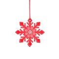 Hanging red wooden snowflake, rustic Christmas tree ornament isolated on white background. Royalty Free Stock Photo