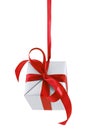 Hanging on a ribbon silver gift wrapped present