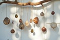 Hanging seashell decorations on wooden branch in sunlight Royalty Free Stock Photo