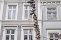 Hanging shoes at a wire in the old town of Flensburg in northern Germany