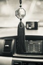 Hanging showpieces in a car black and white photo Royalty Free Stock Photo