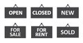 Hanging sign icon set, vector. Open, closed, new, for sale, for rent and sold Royalty Free Stock Photo