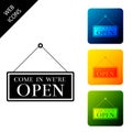 Hanging sign with text Come in we`re open icon isolated. Business theme for cafe or restaurant. Set icons colorful
