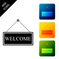 Hanging sign with text Welcome icon isolated. Business theme for cafe or restaurant. Set icons colorful square buttons