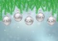 Hanging silver Christmas balls with pine leaves on blue background, Christmas backdrop vector illustration