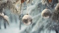 Hanging silver Christmas balls, spruce and fir branches covered with snow. Royalty Free Stock Photo