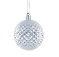 Hanging silver shiny Christmas bauble isolated on white background.