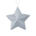 Hanging silver star. Christmas ornament isolated on white background. Stock photo