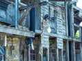 Hanging skeleton at wild west building in ghost town setting