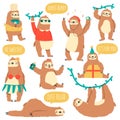 Hanging sloths. Wild tropical animal characters, funny lazy rainforest sloths vector illustration set. Cute hand drawn Royalty Free Stock Photo