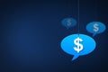 Hanging speech bubble concept of American dollar symbol on dark blue background, dollar currency concept