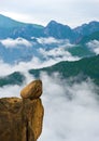 Hanging stone at the Ulsanbawi Rock against the fog seorak