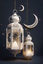 Hanging on a string two white decorated lanterns with candles in the background of the Crescent star. Lantern as a symbol of Royalty Free Stock Photo