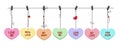 Hanging Sweetheart candies. Conversation sweets for valentines day, valentine sugar food hearts. Happy Valentine`s day greeting ca Royalty Free Stock Photo