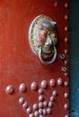 The Hanging Temple or Hanging Monastery with detail of red door near Datong in Shanxi Province, China Royalty Free Stock Photo