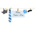 Hanging tie, shirt, mustache and crown. Happy father`s day greeting card Royalty Free Stock Photo