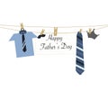 Hanging tie, shirt, mustache and crown. Happy father`s day greeting card Royalty Free Stock Photo