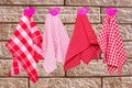 Hanging towels. Closeup of various red checkered kitchen towels with violet pink clothespins hang on a clothes rail against Royalty Free Stock Photo