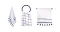 Hanging towels collection vector illustration. Kitchen and bathroom accessories set. Textile items on different hooks