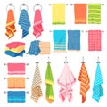 Hanging towels. Hang fabric soft color fresh textile kitchen or bath towel vector isolated set with checkered elements Royalty Free Stock Photo