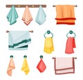 Hanging towels set. Colored textile fabric for kitchen and bath soft spa salons in hotels scented terry beach rough Royalty Free Stock Photo