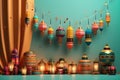 hanging traditional lantern lamps . Arabic Translation : Happy New Hijri Year.