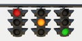 Hanging Traffic Light all color on white background. Three semaphore, one color each. 3d render