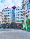 The Hanging Umbrella Man sculpture, Odboru Street, on March 5 in Prague, Czech Republic