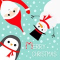 Hanging upsidedown Snowman Penguin Santa Claus wearing red hat, costume, beard. Merry Christmas. Candy cane. Cute cartoon kawaii f Royalty Free Stock Photo