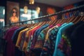 Hanging vibrant multicolored t-shirts in store. Generate ai