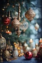 Hanging vintage Christmas ornaments with christmas tree branches on blurred festive background