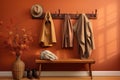 hanging wall rack and coats on bench Royalty Free Stock Photo