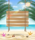 Hanging wood board with sea sand beach background Royalty Free Stock Photo