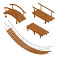 Hanging wooden bridge, wooden and hanging bridge vector illustrations. Flat 3d isometric set. Royalty Free Stock Photo