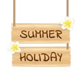Hanging wooden sing summer holiday with frangipani tropical flowers