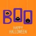 Hanging word BOO with spider, owl and pumpkin . Happy Halloween