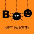 Hanging word BOO text with smiling sad black pumpkin, spider insect silhouette. Dash line thread. Happy Halloween. Greeting card.