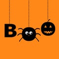 Hanging word BOO text with smiling sad black pumpkin, spider insect silhouette. Happy Halloween greeting card. Dash line thread. Royalty Free Stock Photo