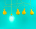 Hanging yellow light bulbs with glowing one different idea on green pastel background , flat lay , Minimal concept idea