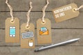 Hangtags with contact options as icons and message CONTACT US in German Royalty Free Stock Photo