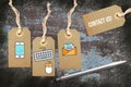 Hangtags with contact options as icons and message CONTACT US!