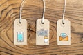 Hangtags on wooden background with contact option icons