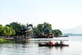 HANGZHOU, CHINA MAY 17, 2018 : The beautiful View of Xihu lake west lake in winter with boat and mountain in Hangzhou China