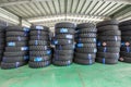Hangzhou, North train station freight warehouse goods piled up many car tires,in China